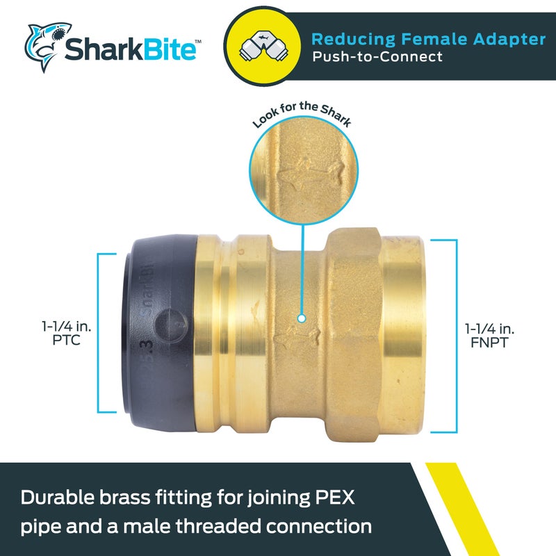 SharkBite 1-1/4 Inch FNPT Adapter, Push to Connect Brass Plumbing Fitting, PEX Pipe, Copper, CPVC, PE-RT, HDPE, UXL113532F - Image 2